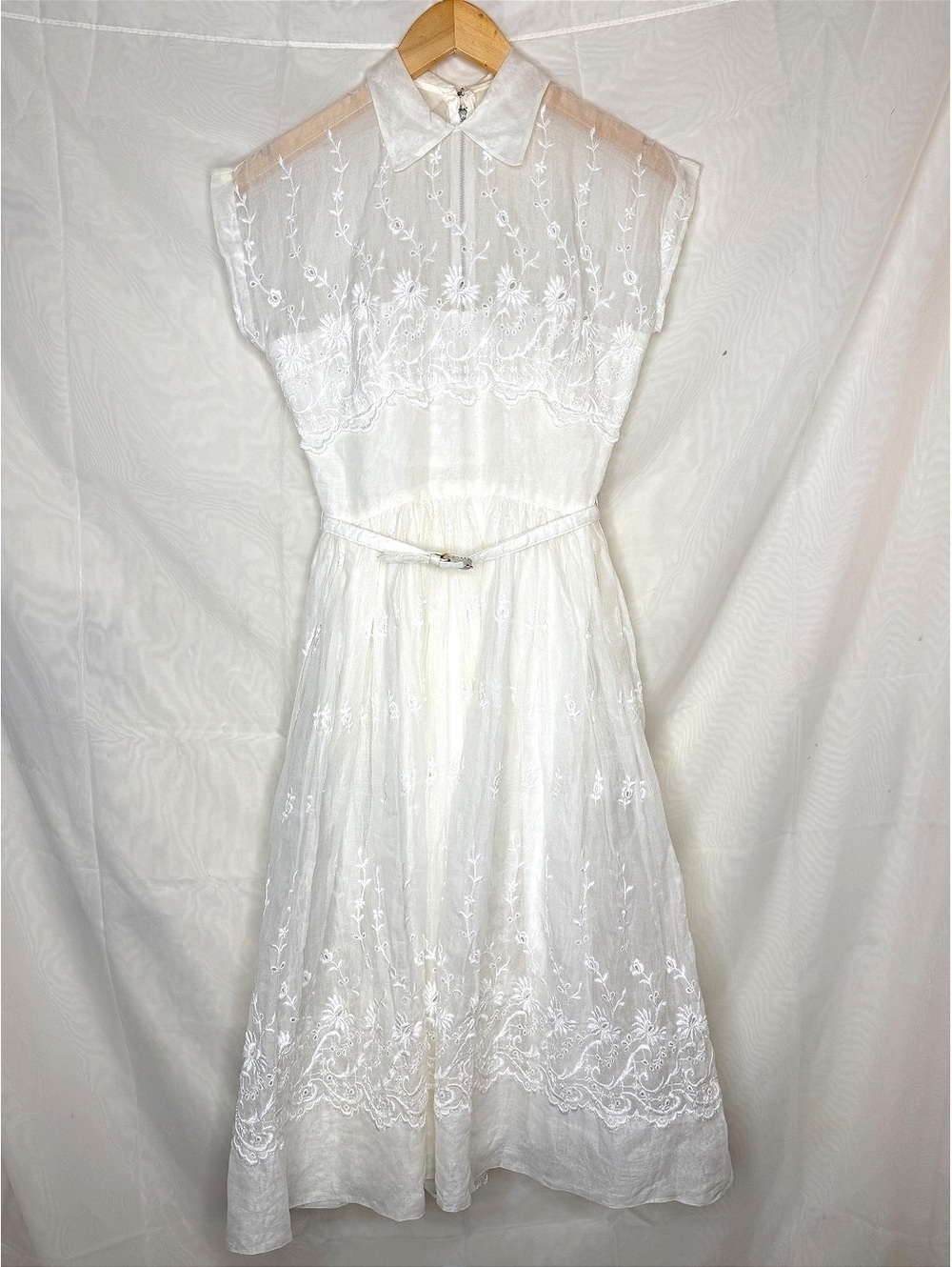 1950s Embroidered Organza Wedding Dress Handmade Tea Length Reception Dress